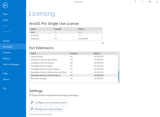 Licensing pane Licensing pane